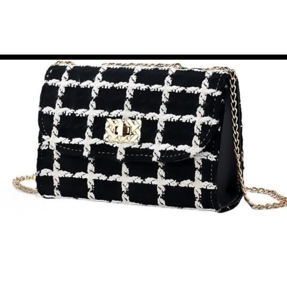 Women's Sm Evening Clutch Fancy Bag Black White, And Gold With Chain Strap Purse